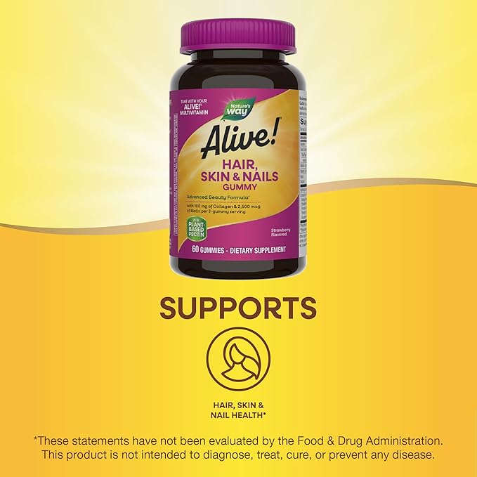 Nature's Way Alive Hair Skin & Nails Biotin and Collagen Gummies, Advanced Beauty Formula*, Strawberry Flavor, 60 Count