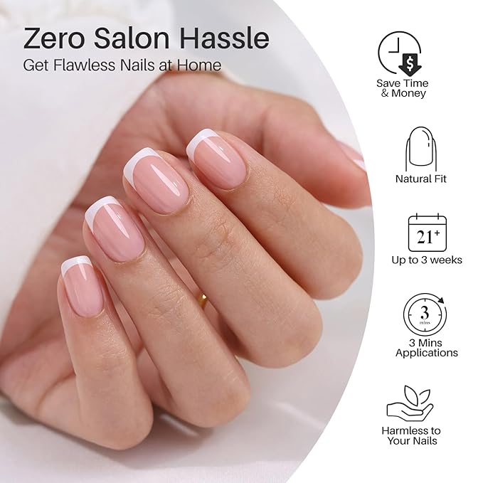 White French Tip Press on Nails - Soft Gel Square Nails Short for Women Gift, Fit Perfectly & Natural Stick on Nails with Glue in 16 Sizes - 32 Reusable Fake Nails, White French
