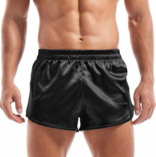 AMY COULEE Mens Satin Shorts Silk Boxers Sexy Split Side Lounge Shorts 3 Inch Pajama bottoms