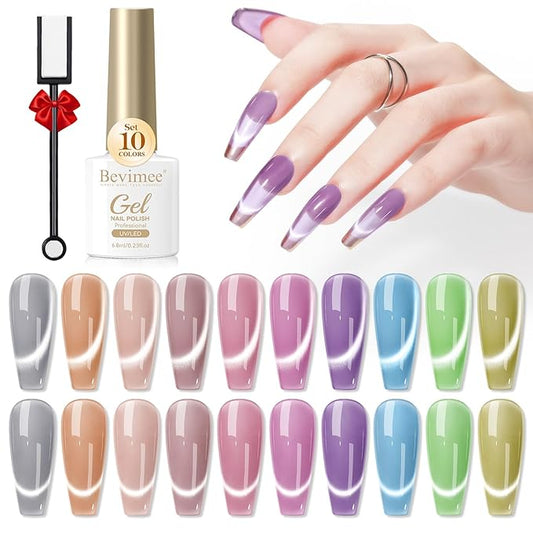 Moonlight Cat Eye Gel Nail Polish Set 10 Colors Magnetic Cateye Gel Polish Shimmer Glitter Mirror Glass Pink Purple Green UV Gel Polish Holographic for Nail Art Manicure DIY at Home Salon