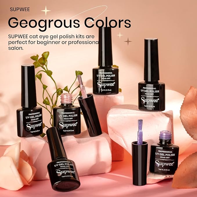 Magnetic Cat Eye Nail Polish Set, 12 Colors, 9D Cateye Nail Polish, Holographic Glitter, Magnetic Gel Polish, Soak Off Lamp, Gel Nail Art Manicure Kit