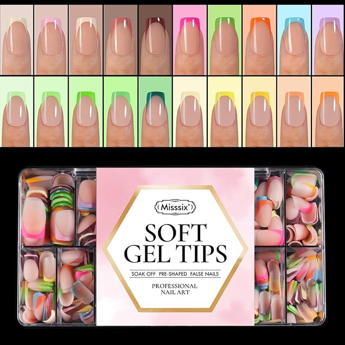 Misssix XBASICTIPS French Tip Press On Nails, 600Pcs Short Square French Gel Nail Tips 20 Colors, Soft Gel Pre-shaped No Need to File 3 in 1 Tips, Fake Nails for Nail Art DIY Extension15 Sizes