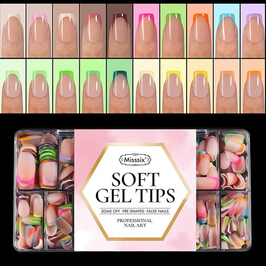 Misssix XBASICTIPS French Tip Press On Nails, 600Pcs Short Square French Gel Nail Tips 20 Colors, Soft Gel Pre-shaped No Need to File 3 in 1 Tips, Fake Nails for Nail Art DIY Extension15 Sizes
