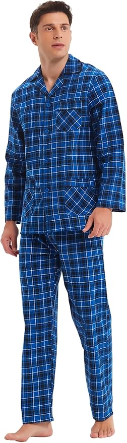 GLOBAL Men's Pajamas Sets 100% Cotton Flannel Sleepwear Long-Sleeve top & Bottom