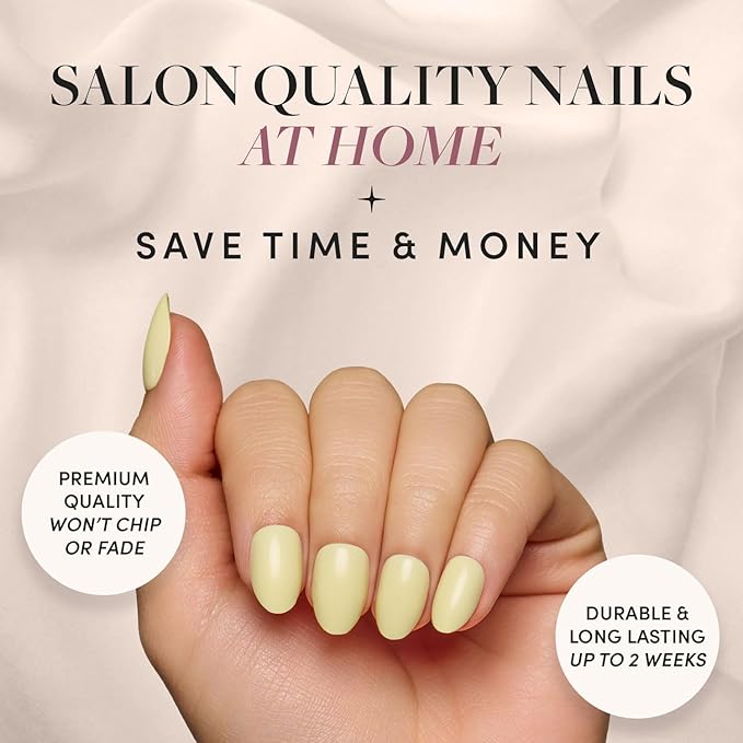 Glamnetic Press On Nails - Pastel Yellow | Short Oval Yellow Fake Nails with Glossy Finish, Salon Quality| 15 Sizes - 30 Nail Kit with Glue