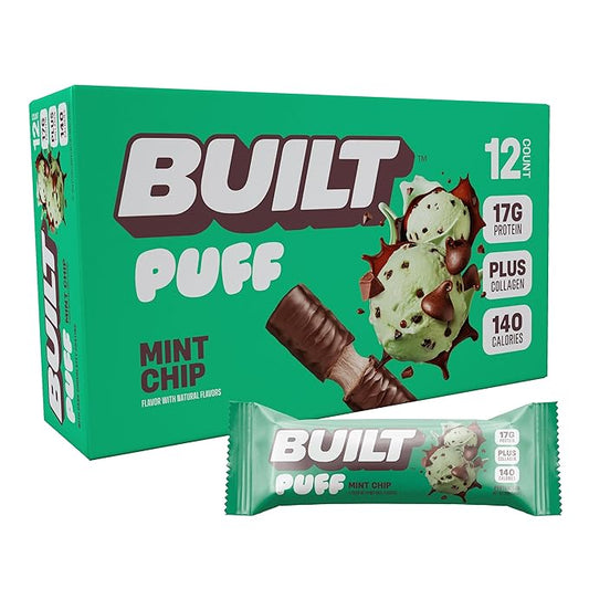 Built Bar, Puff Protein Bars, Mint Chip Puff, 17g Protein Snacks, On-The-Go Bars, Only 140 Calories, 6g Sugar, Collagen, Gluten Free, 12 Count