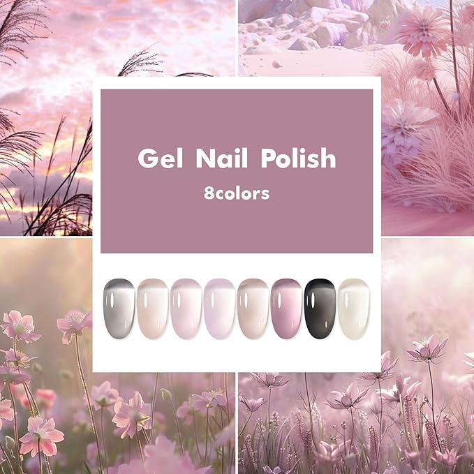 MTSSII 8 Colors Jelly Gel Nail Polish Set, Transparent Nude Pink Black Grey Sheer Nail Polish, UV Gel for Nail Manicure DIY Art Salon Home