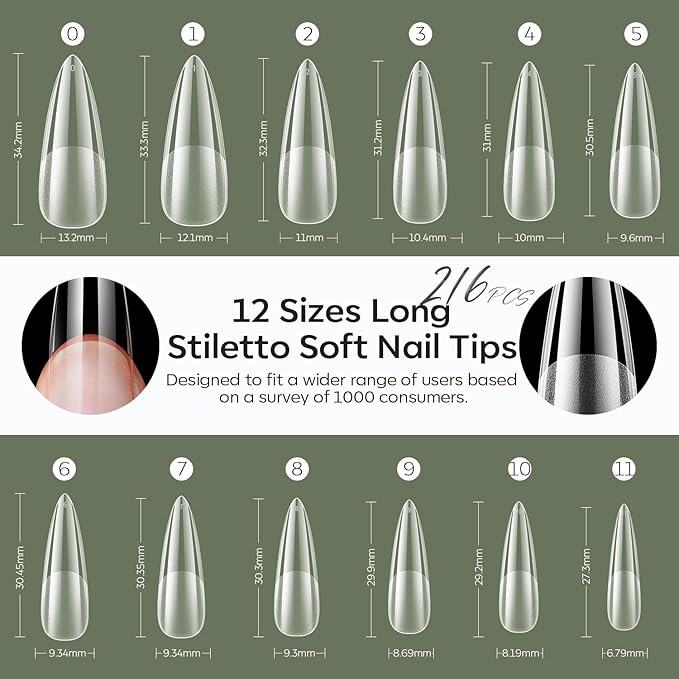 modelones Long Stiletto Nail Tips, Pre-shaped Soft Gel Tips Fake Nails False Acrylic Clear Full Cover Press on Extension Kit Gel Manicure DIY at Home 216PCS 12Sizes