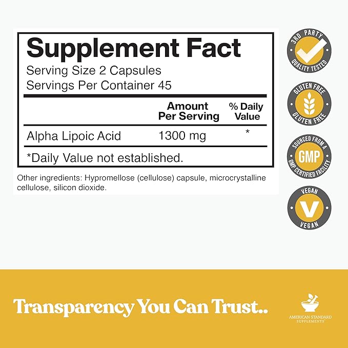 American Standard Supplements Alpha Lipoic Acid 1300mg Per Serving - Vegan, Gluten Free, Non-GMO, 90 Capsules, 45 Servings (Pack of 2)
