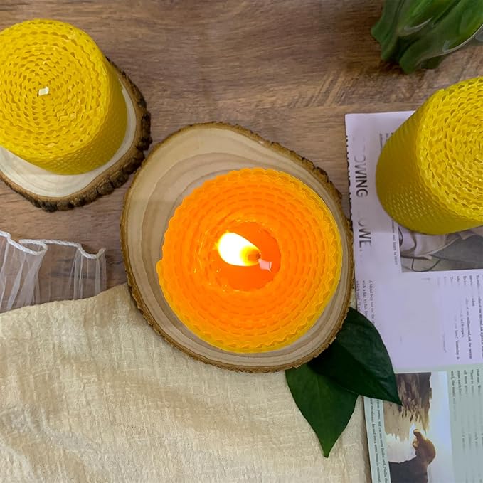 Beeswax Pillar Candles Set of 3, Size 3"x6", 3"x 4" & 3"x 3", Natural Bees Wax Candle Sheet Handrolled for Home Décor, Yellow
