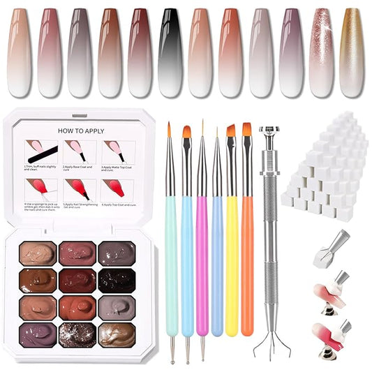 Sponge Pat Gel Nail Polish Palette, 12 Colors Blending Ombre Gel Polish Gradient Painting Nails Art, No Wipe, UV/LED Cured, 100Sponges 6Brushes 1Grabber (Set 01)