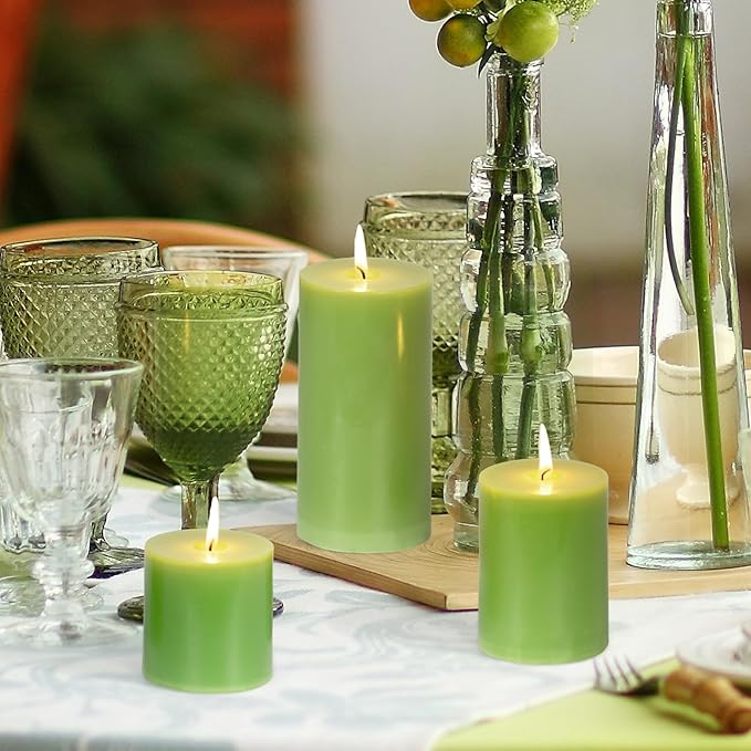 KONNI Green Pillar Candles Set of 3, 3"x 6" Unscented Pillar Candles Bulk, 56 Hours Long Burning Candles, Smokeless&Dripless Large Round Candle for Wedding, Home Decoration, Parties, Spas, Dinner