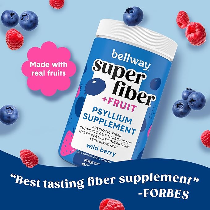 Bellway Super Fiber Powder + Fruit, Sugar Free Organic Psyllium Husk Powder Fiber Supplement for Regularity, Bloating Relief & Digestive Health, Plant-Based, Wild Berry (50 Servings)