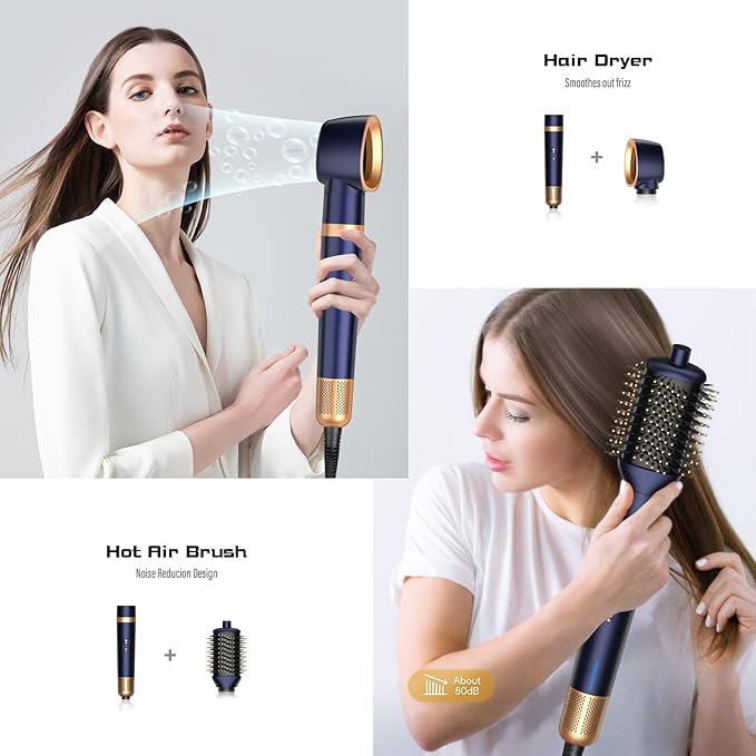 T-GOGO Hair Dryer Brush Professional: 6 in 1 Hot Air Hair Styler & Dryer Set, Powerful Hair Air Curling Iron High-Speed Negative Ionic Blow Dryer, Auto-Wrap, No Heat Damage (Dark Blue)