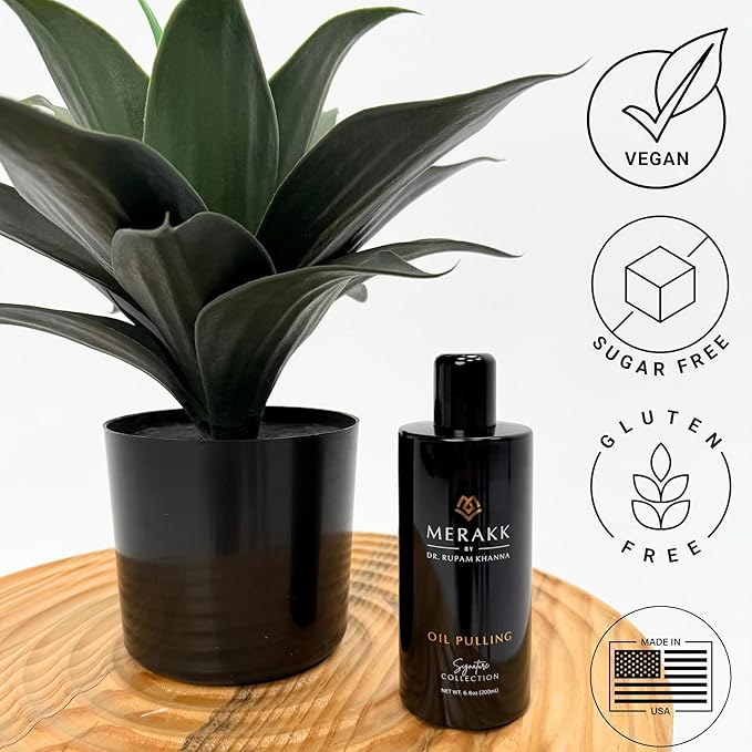 Merakk Coconut Oil Pulling Whitening Mouthwash for Teeth & Gums | Doctor Formulated | Natural Ayurvedic Oil, Clove & Grape Seed Oil - Oral Rinse - 6.8oz