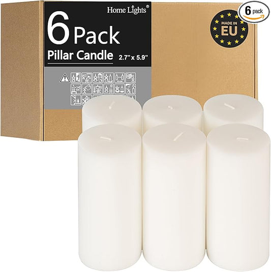 HomeLights Pillar Candles - 2.7x6 inch | 60 Hours Burning, 6 Count - White Unscented Smokeless European Pillar Candles - Perfect for Wedding, Parties, Spas, Home Gatherings and Dinner