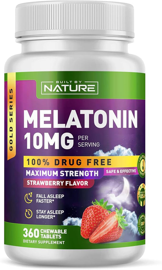 Built by Nature Melatonin 10 mg – Fast Dissolve Berry Tablets – Extra Strength Drug Free Sleep Support – Non-GMO, Vegan – Naturally Flavored and Sweetened – 360 Chewable Tablets