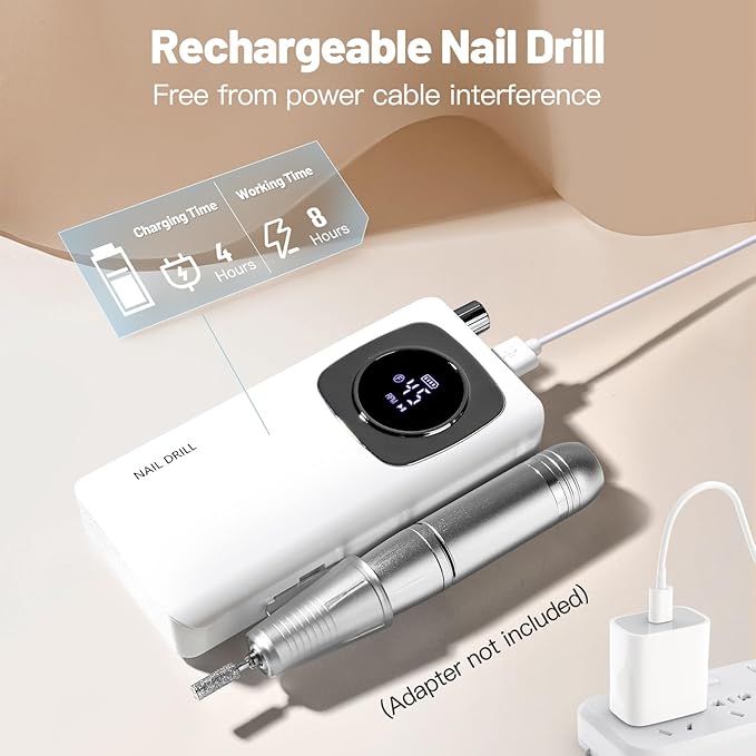 Rechargeable Electric Nail File Professional: Madenia 45000RPM Portable Efile Nail Drill Kit, Cordless E File Nail Drill Machine for Acrylic Gel Nails Salon Home Manicure Use, White