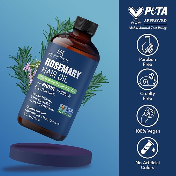 Botanic Hearth 100% Pure Rosemary Oil For Hair Growth | Infused with Biotin, Jojoba & Castor Oil | Hair Oil Repairs Dry Damaged Hair, Strengthening, Healthier - Hair Tonic, 2.0 fl oz