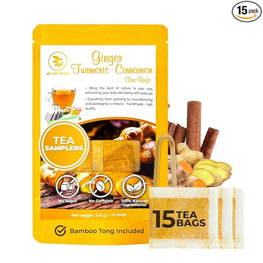 Ginger Cinnamon Turmeric Tea Samplers - 15 Count, Mini Tea Bags, Bamboo Tong Included, Re-Steep Corn Based Tea Bags, No Sugar Added, Natural Herbal Tea for Body Warm, Relax, Refreshing