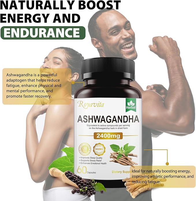 Ashwagandha Supplements 2400mg Organic with Black Pepper Vitamin B12 & B6 for Max Absorption Stress Relief Athletic Performance for Men & Women 60 Capsules