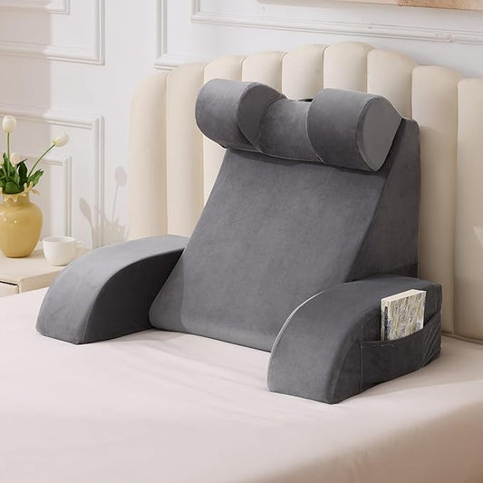 Reading Pillow for Sitting in Bed Adult, Back Pillow for Bed Sitting up, Backrest Pillow with Arms, Back Support Pillows for Gaming Lounging Watching TV, Large 21" Grey