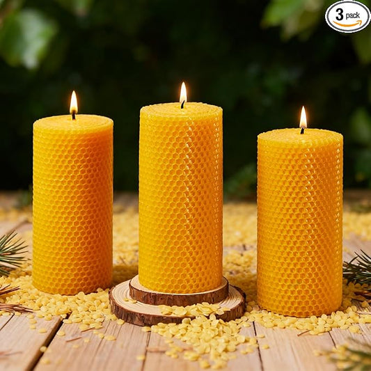 Beeswax Pillar Candles, 3x6 Inch -Set of 3 Hand-Rolled Honeycomb Candle - Long Burning 135+ Hours, Dripless Smokeless Unscented Handmade Beeswax for Home Decor, Prayer, Wedding,SPA