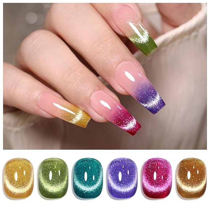 Double Rhythm 6 Colors Cat Eye Gel Polish Set Shimmer Glitter with Magnet Holographic Reflective Magnetic UV Nail Art Kit (6-Kit 23)