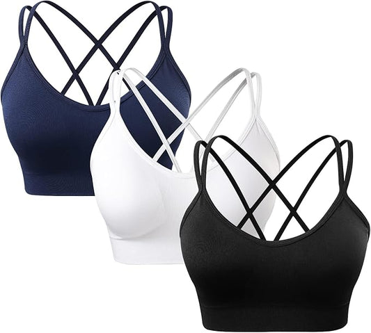 Women's Cross Back Sports Bra Padded Strappy Medium Support Yoga Bra for Workout Fitness 3 Pack