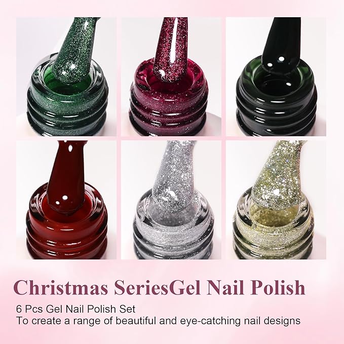 10ml Hema Free Gel Nail Polish Set, 6 Colors Cat Eye Christmas Red Jelly Dark Green Golden Silvery Color Glitter Shimmer Gel Polish Kit with Magnet Soak Off Manicure for DIY and Salon