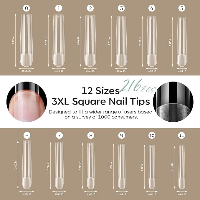 modelones Long Square Nail Tips, 3XXXL Straight Pre-shaped Soft Gel Tips Fake Nails False Acrylic Clear Full Cover Press on Extension Kit Gel Manicure DIY at Home 216PCS 12Sizes