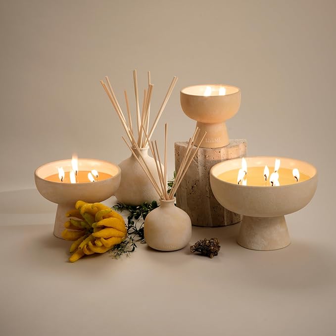 BLUEME Bergamot & Musk, Luxury Candle w/Essential Oils, 6 Wick, Hand-Poured Soy, Cotton Wick, Ceramic