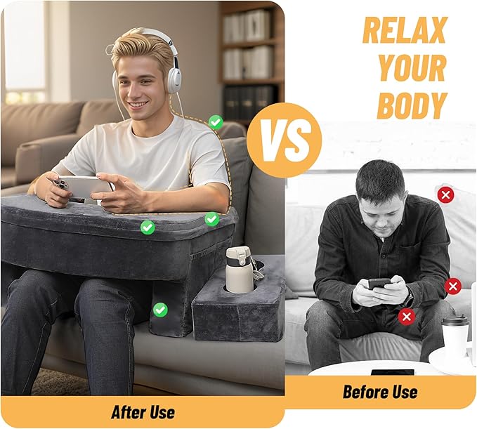 Reading Pillow & Gaming Pillow for Lap, Lap Desk Pillow for Gaming with Coaster, Soft Arm Rest Pillow for Adult, Memory Foam Rest Pillows for Reading, Working, Sitting in Floor Sofa, Grey