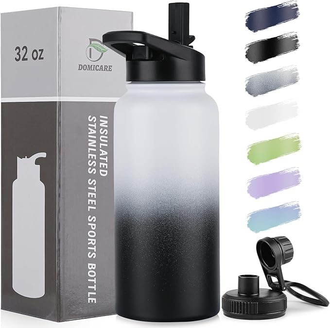 DOMICARE 32 oz Insulated Water Bottle, Vacuum Insulated Stainless Steel Sports Water Bottle with Straw Lid & Spout Lid, Leakproof, Reusable - Travel, Camping, Bike, Black White Gradient