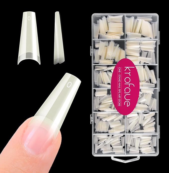 krofaue Natural Acrylic Nail Tips - 600PCS Half Cover Coffin False Nails 12 Size with Box for Salon and Home DIY