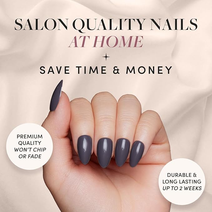 Glamnetic Press On Nails - Ash Gray | Opaque Muted Smoke Gray Short Almond Fake Nails, Salon Quality | 15 Sizes - 30 Nail Kit