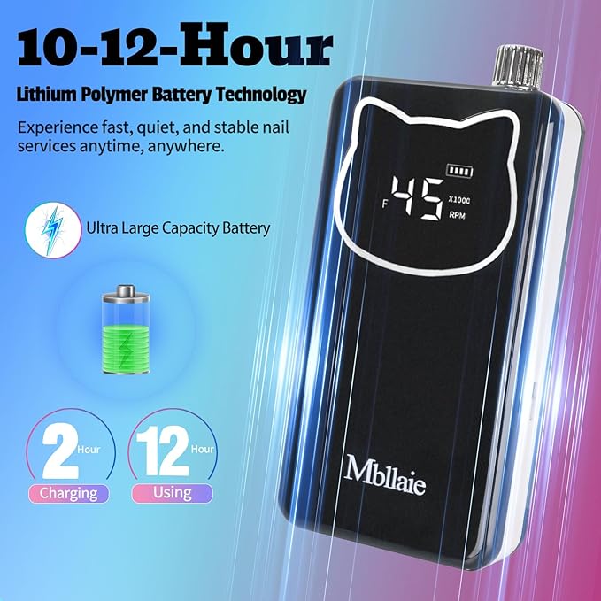 Professional Nail Drill File 45000RPM Electric Portable Nails Drills Kit with Rechargeable 7 uñas Bits Cordless Efile for Poly Gel Acrylic Nails Remover Home Salon Pedicure Manicure Tool (Black)