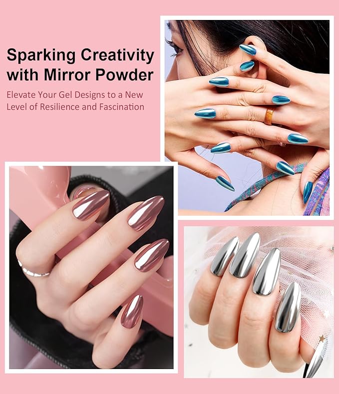 Chrome Nail Powder Set 6 PCS - Metallic Mirror Glitter Nail Art Decoration Powder,Professional Red Green Gold Blue Chrome Pigment for DIY Manicure,Salon Use