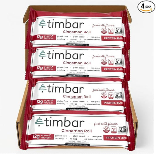 timbar Vegan Protein Bars 4 Pack | Plant Based- Energy & Nut Bars with 12g Protein | Gluten Free, Non-GMO, Dairy Free, Healthy On-the-Go Snack & Meal Replacement (4 Packs, Cinnamon Roll)