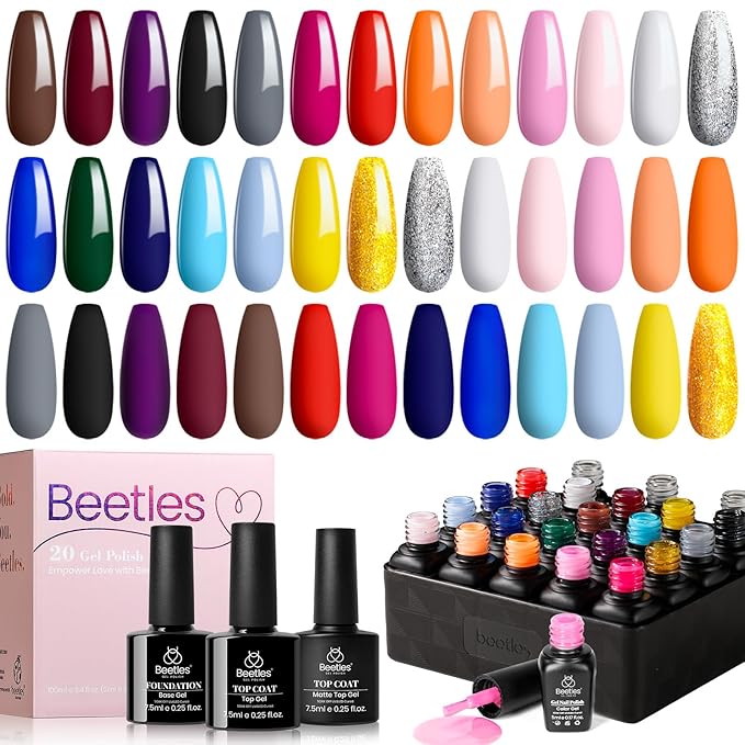 Beetles Winter Gel Nail Polish Set - 20 Pcs Neon Nail Gel Polish Set Soak Off Uv LED Gold Sliver Glitter Nail Polish Kit Blue Pink Black White Uv for Nail Art Salon Christmas Gift for Women