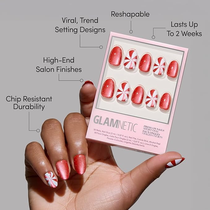 Glamnetic Press On Nails - Candy Crush | Short Oval Fake Nails with Candy Cane Swirl Design in a Velvet Finish, Salon Quality Holiday Nails | 15 Sizes - 30 Nail Kit with Glue