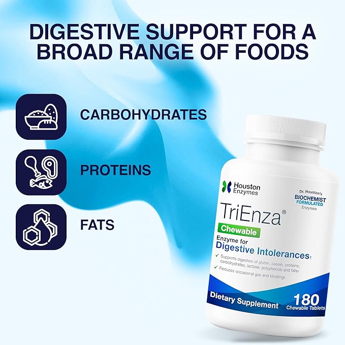 Houston Enzymes TriEnza - Digestive Enzyme Supplement for Gluten, Casein, Soy, Proteins, Carbohydrates, Fats & Polyphenols - Digestive Enzymes for Women & Men (180 Chewable Tablets)