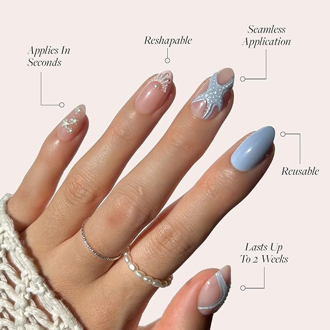 Glamnetic Press On Nails - Salty Waves | Short Almond Starfish Fake Nails with 3D Nail Art, Salon Quality Summer Nails | 15 Sizes - 30 Nail Kit with Glue
