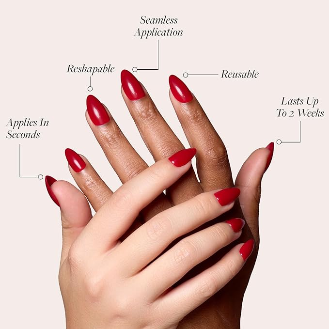 Glamnetic Press On Nails - Classic Red | Opaque Cool Tone, Timeless Red Short Almond Fake Nails, Salon Quality | 15 Sizes - 30 Nail Kit