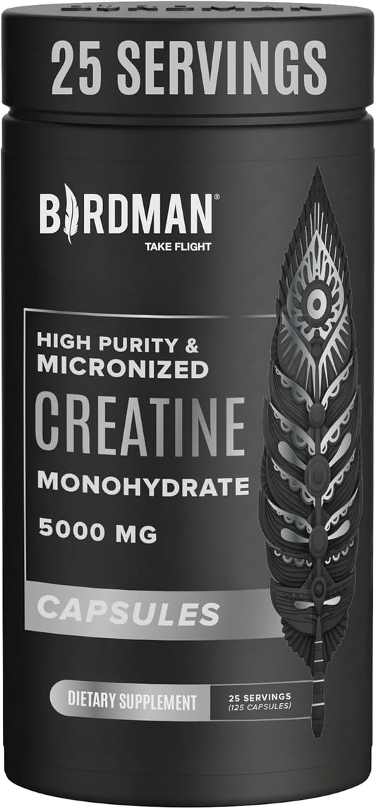 BIRDMAN Micronized Creatine Monohydrate Capsules for Muscle Growth & Recovery, Pre & Post Workout, Vegan Creatine, Caffeine Free, Gluten Free, Sugar Free | 25 Servings | 125 Capsules