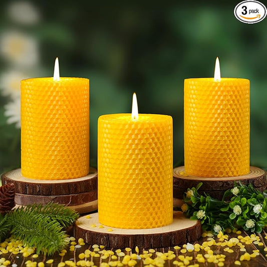 3 Pack Natural Beeswax Pillar Candles,2.8x4in Handmade Beeswax Rolled Candles,96 Hours Long Burning Honeycomb Bees Wax Candle for Gift & Home Decor,Dripless Smokeless Unscented