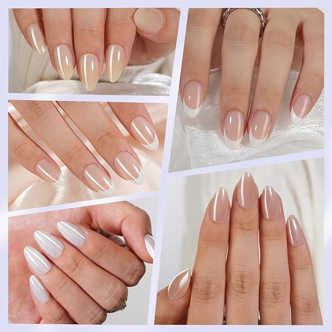 6 Packs Press On Nails Almond, Misssix French Tip Press On Nails Short, Reusable Glue On Nails, Gel Fake Nails for Women, Stick On Nails Kit 15 Sizes-6 styles in total