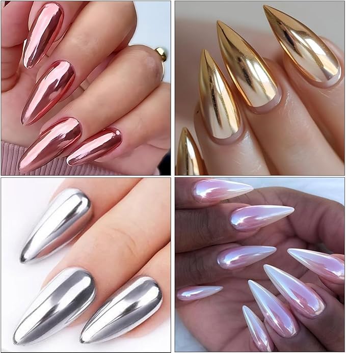 Chrome Nail Powder Set, 6 Colors Metallic Gold Silver Rose Pink White Mirror Nail Powder, Holographic Aurora Nail Glitter Pigment Nail Decoration