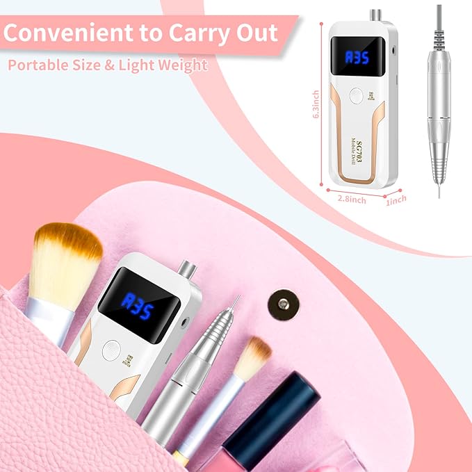 Portable Nail Drill Professional 35000 RPM, MOCOWIND Rechargeable Electric Nail File Machine E File for Acrylic Gel Polishing Removing, Cordless E-File with Bits Kit for Manicure Salon Home, White