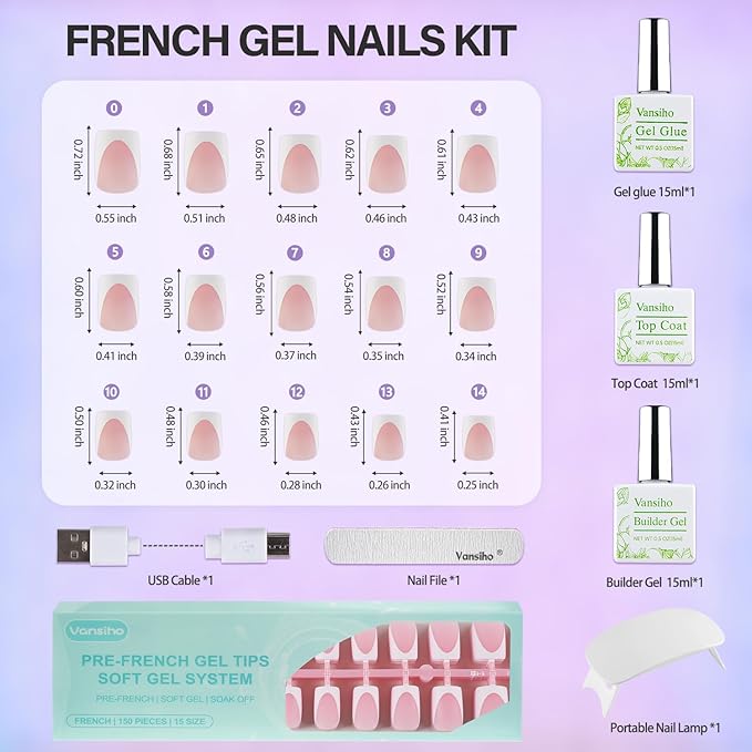 Vansiho Pink Deep French Gel Nails Kit - Short Square French Tip Press on Nails Kit, Nail Gel and Nail Lamp for Gift and Nail Art DIY